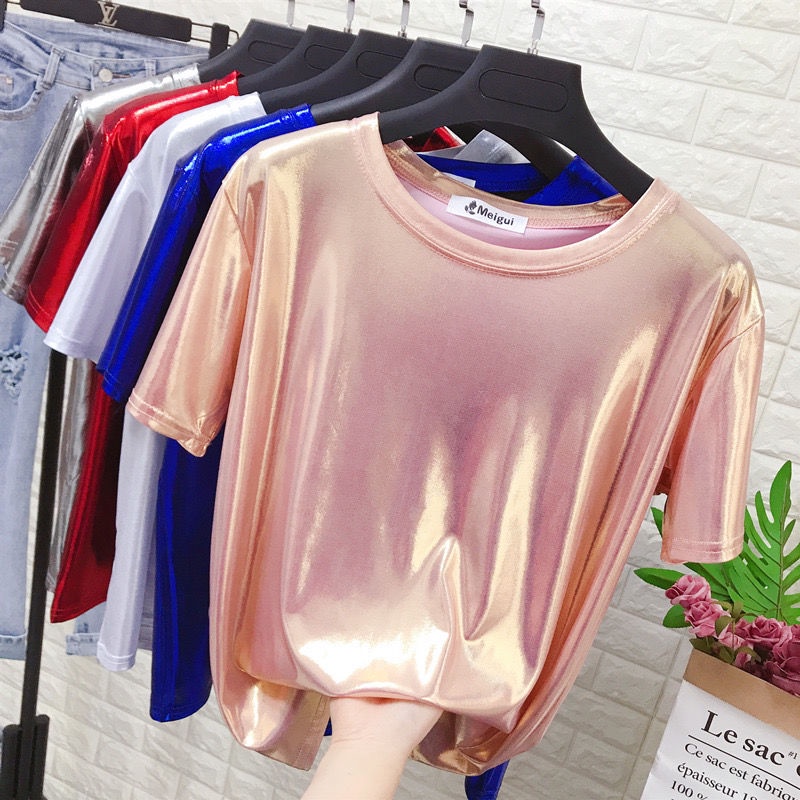 Áo Thun Tay Ngắn Cổ Tròn Dáng Rộng Màu Ánh Kim Lấp Lánh Phong Cách Mới Mùa Hè Cho Nữ