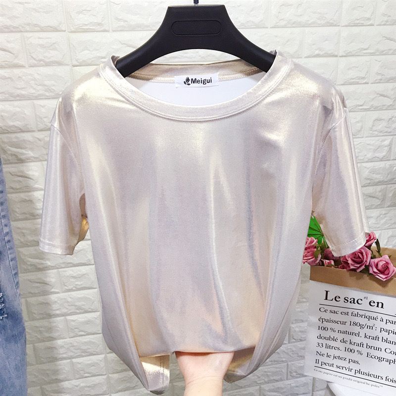 Áo Thun Tay Ngắn Cổ Tròn Dáng Rộng Màu Ánh Kim Lấp Lánh Phong Cách Mới Mùa Hè Cho Nữ