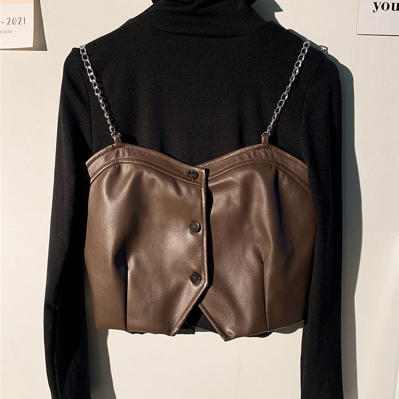 Hàng Mới Về ~ Áo Khoác Da Cao Cấp Phối Dây Xích Dáng Ngắn Hai Lớp Màu Cà Phê Gợi Cảm Cho Nữ