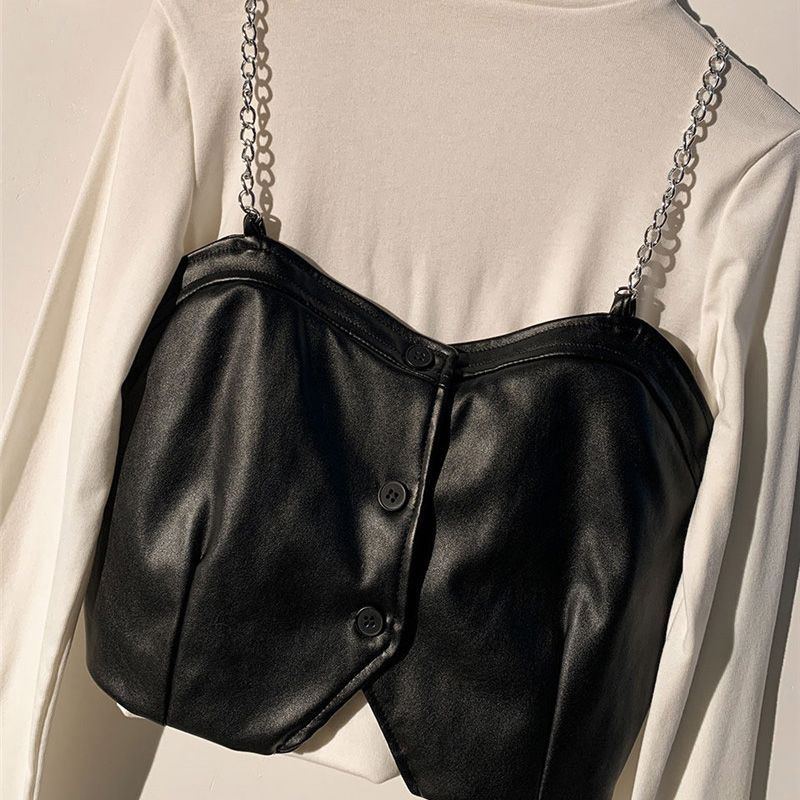 Hàng Mới Về ~ Áo Khoác Da Cao Cấp Phối Dây Xích Dáng Ngắn Hai Lớp Màu Cà Phê Gợi Cảm Cho Nữ