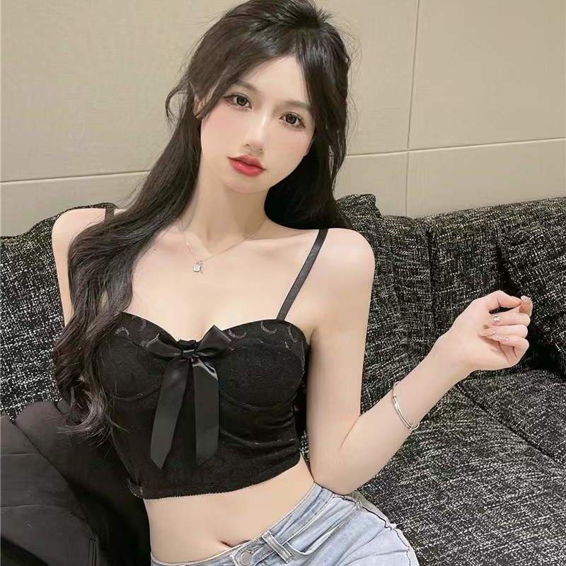 Bán Chạy ~ Áo Hai Dây Phối Ren Thắt Nơ Màu Trơn Phong Cách Mới Với Đệm Ngực Ôm Ngực Cho Nữ