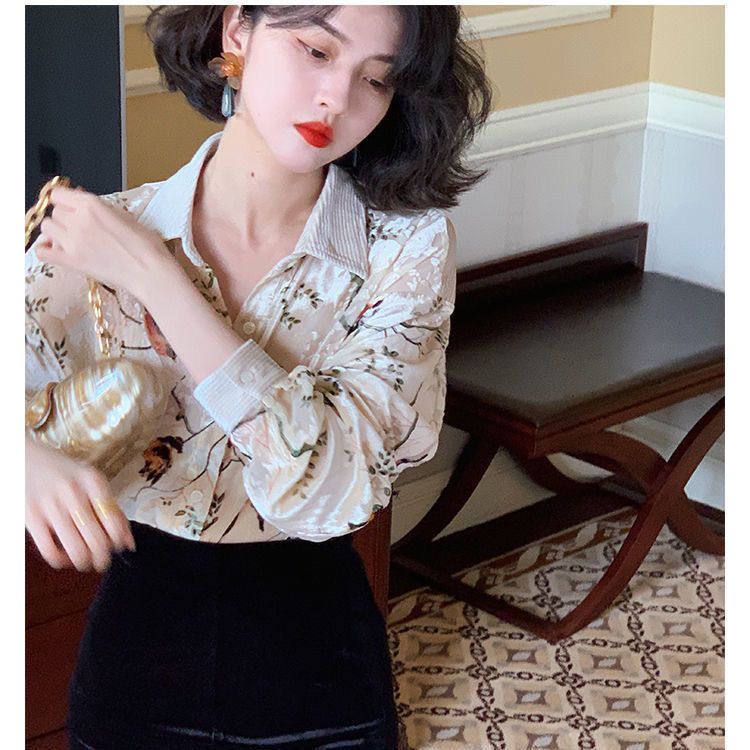 Áo Khoác Sơ Mi Vải Nhung Tay Dài Dáng Rộng In Họa Tiết Kiểu Retro Pháp Thời Trang Mùa Thu 2021 6.9