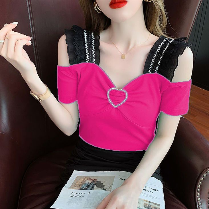 Bán Chạy ~ Áo Kiểu Tay Ngắn Hở Vai Dáng Ôm Phối Ren Đính Kim Cương Phong Cách Châu Âu Mới Dành Cho Bạn Nữ