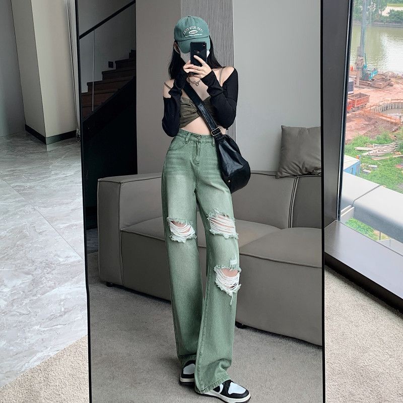 Quần Jean Ống Rộng Rách Lưng Cao Phong Cách Đường Phố Mỹ Mùa Hè Mới Cho Nữ