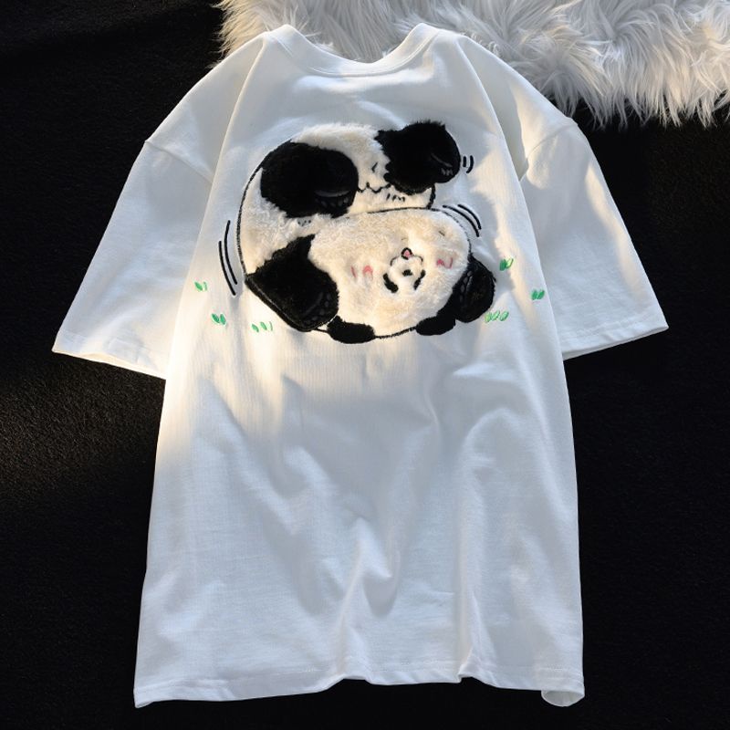 Áo Thun Cặp Dáng Rộng In Hình Gấu Trúc Dễ Thương Phong Cách Retro