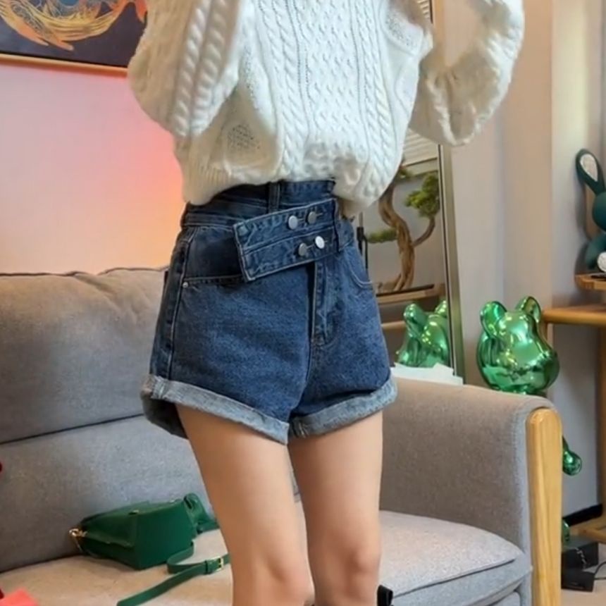Quần Short Denim Lưng Cao Ống Rộng Phong Cách Hàn Quốc Mới Cho Nữ