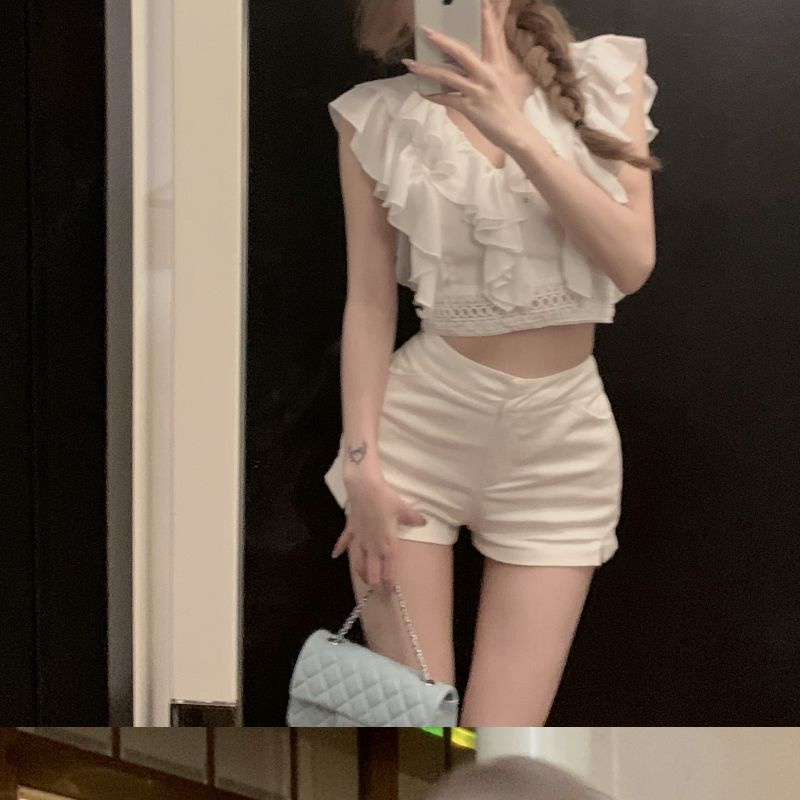 Áo Sơ Mi Ngắn Tay Phối Ren + Quần Short Lưng Cao Thời Trang Mùa Hè Hàng Mới