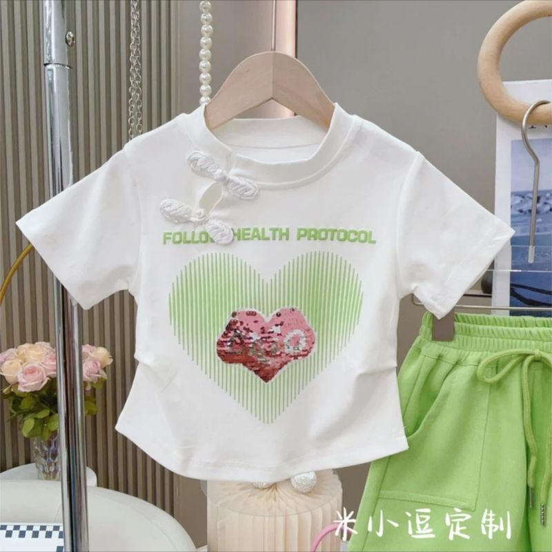 Áo Thun Tay Ngắn Kiểu Sườn Xám In Họa Tiết Trái Tim Phong Cách Trung Hoa Thời Trang Mùa Hè 2023 Cho Bé Gái