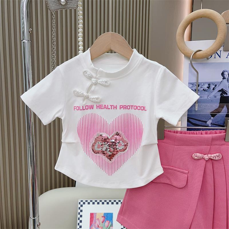 Áo Thun Tay Ngắn Kiểu Sườn Xám In Họa Tiết Trái Tim Phong Cách Trung Hoa Thời Trang Mùa Hè 2023 Cho Bé Gái