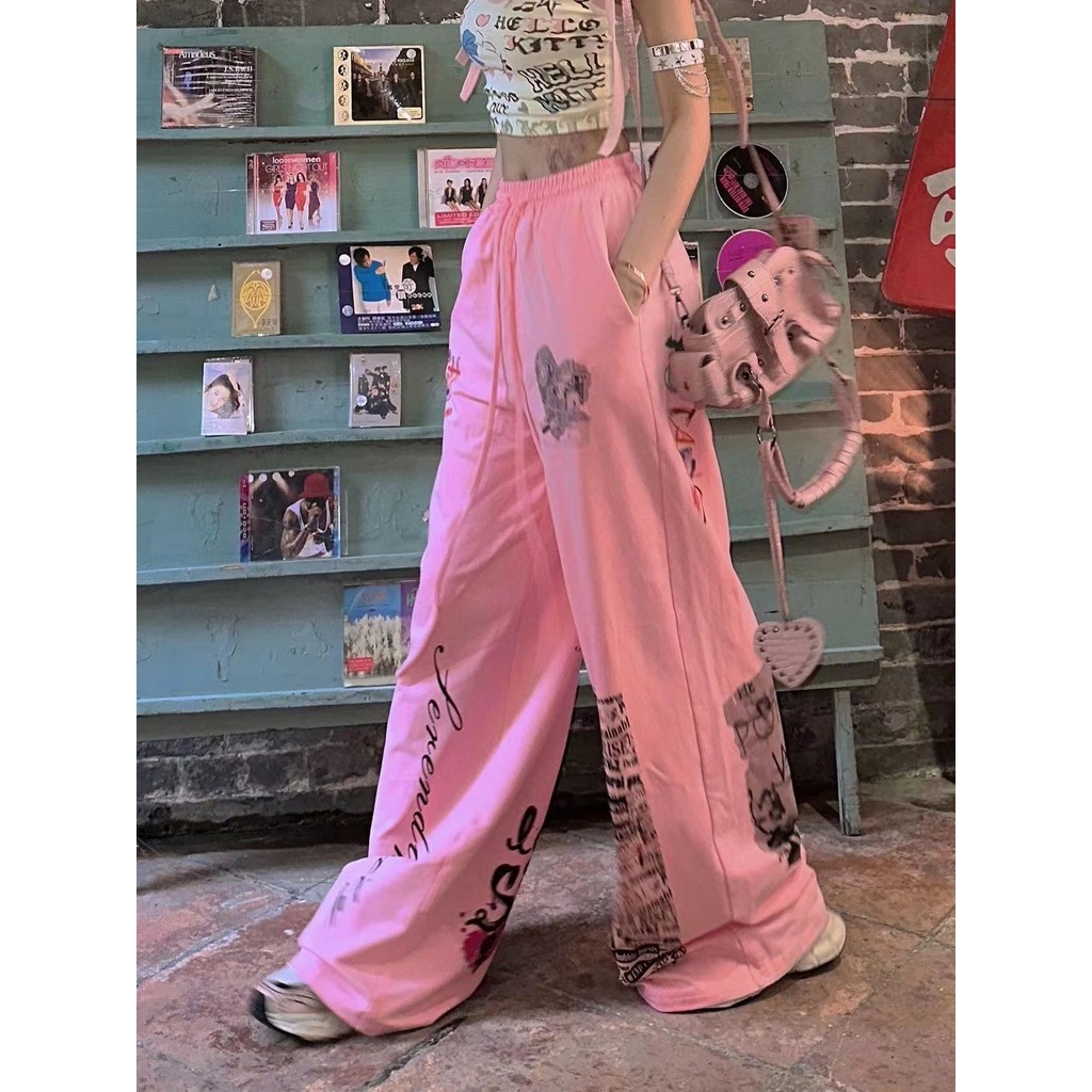 Quần Ống Rộng Lưng Cao Dây Rút In Họa Tiết Phong Cách Hip hop Đường Phố Chất Lượng Cao Mùa Hè Hàng Mới Dành Cho Bạn Nữ