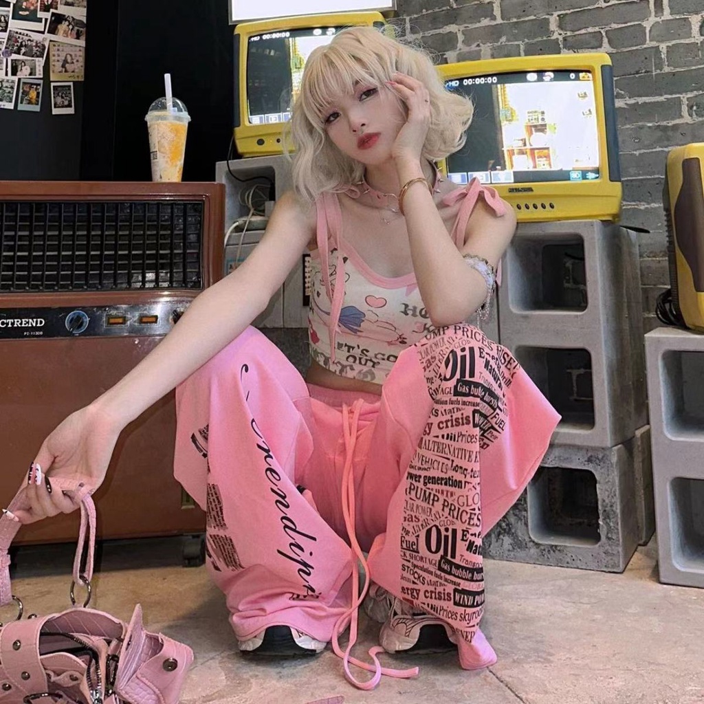 Quần Ống Rộng Lưng Cao Dây Rút In Họa Tiết Phong Cách Hip hop Đường Phố Chất Lượng Cao Mùa Hè Hàng Mới Dành Cho Bạn Nữ