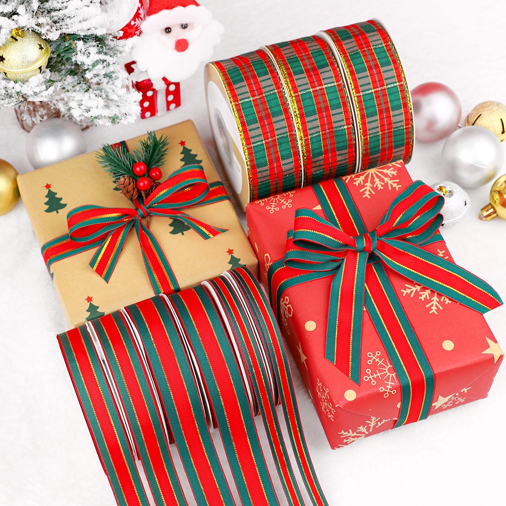 Giáng sinh ruy băng quà tặng hộp quà bao bì màu đỏ xanh lá cây kẻ sọc ruy băng bó hoa tươi trang trí bánh ruy băng nơ diy