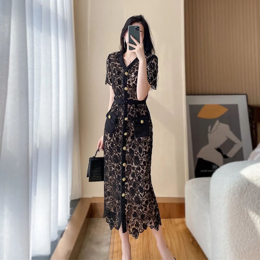 váy nữ tính phong cách mới mùa hè hoàng gia chị nữ thần classy lady water-soluble flower lace long skirt