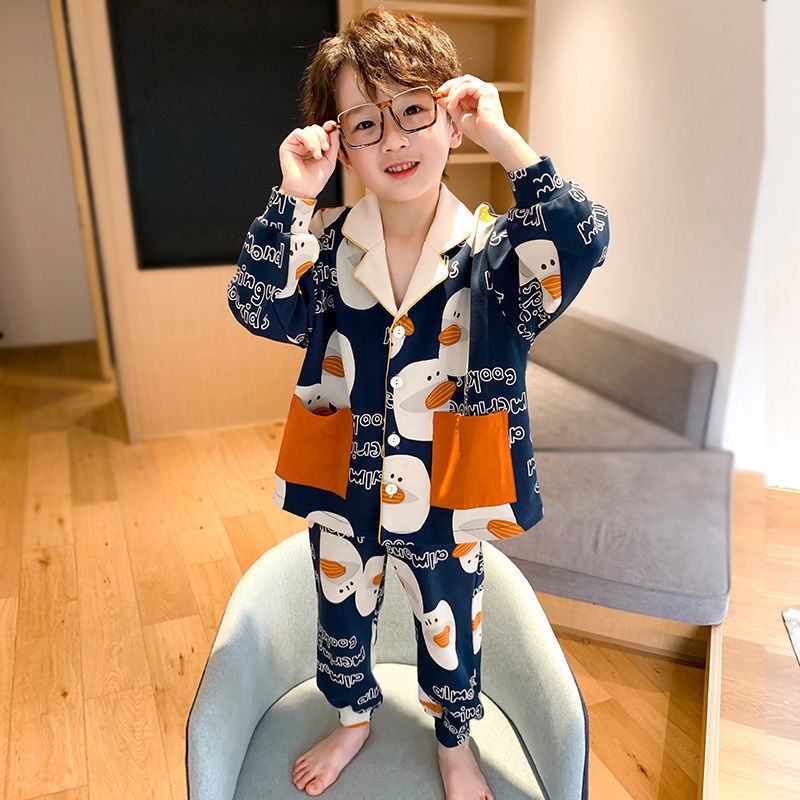 đồ ngủ trẻ em bé trai mùa xuân thu phong cách phương tây dài tay bộ đồ bé trai vừa lớn áo len bé gái quần áo mặc nhà cho bé gái