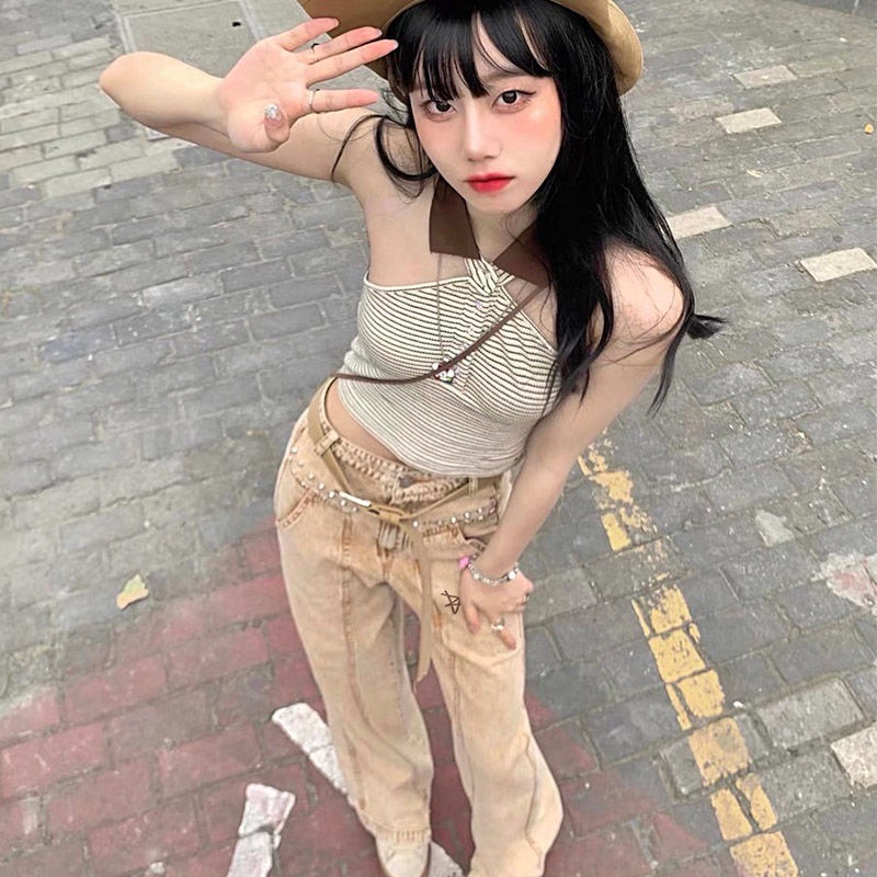 Jiashucheng Quần Jean Ống Đứng Phong Cách Retro Đường Phố Mỹ Cho Nữ