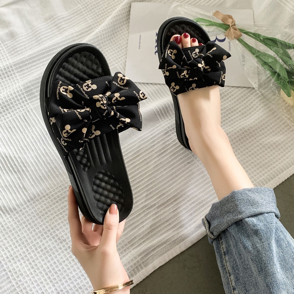 Dép Sandal Đế Phẳng Dày Dặn Đính Nơ Dễ Thương Thoải Mái Thời Trang Mùa Hè Dành Cho Bạn Nữ Mang Ngoà