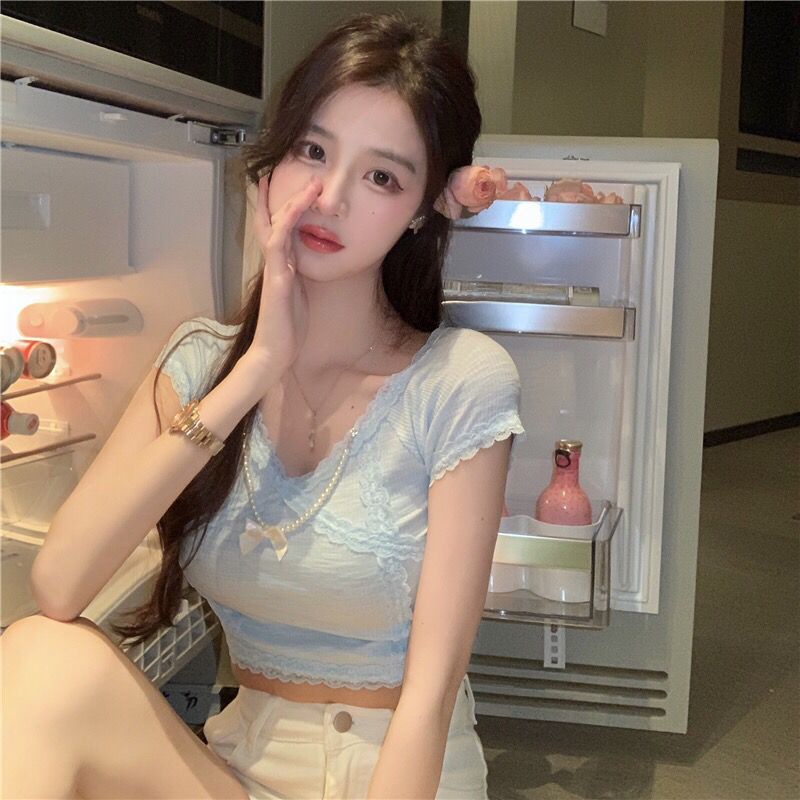 Jiashucheng Áo Thun Lửng Ngắn Tay Cổ Chữ v Eo Cao Thời Trang Mùa Hè Phong Cách Hàn Quốc Dành Cho Nữ
