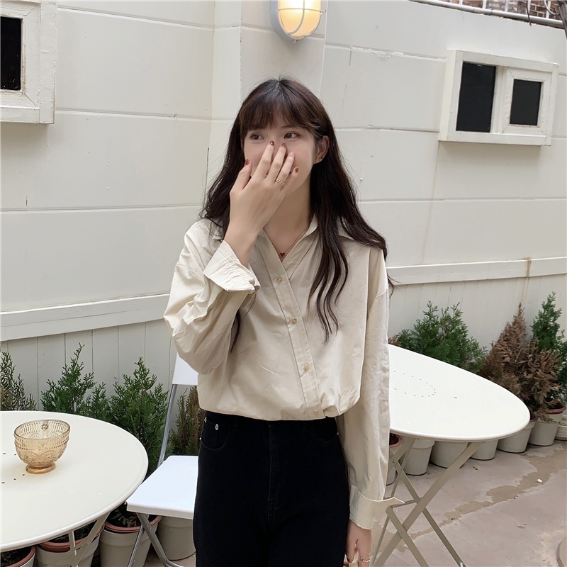 Áo Sơ Mi Nữ Dài Tay Dáng Rộng Cài Nút Lệch Tà Mới