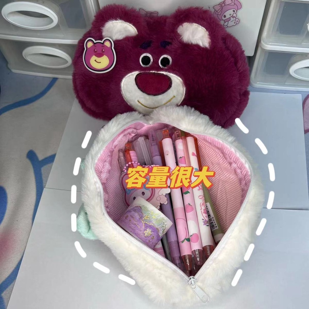 Túi Đựng Bút Chì Ba Mắt Sức Chứa Lớn Hình Chú Gấu / Dâu Tây Nhỏ Dễ Thương Để Bàn Cho Học Sinh