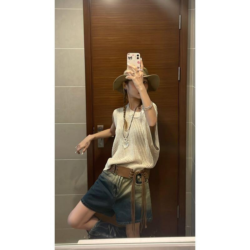 Quần Short Denim Ống Rộng Lưng Cao Màu Gradient Phong Cách Retro Mùa Hè Mới Cho Nữ