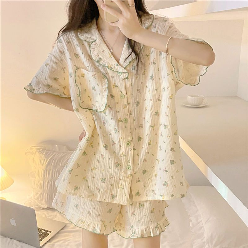 Bộ Đồ Ngủ Tay Ngắn Phối Bèo Mỏng Thoáng Khí Thời Trang Mùa Hè Xinh Xắn Cho Nữ