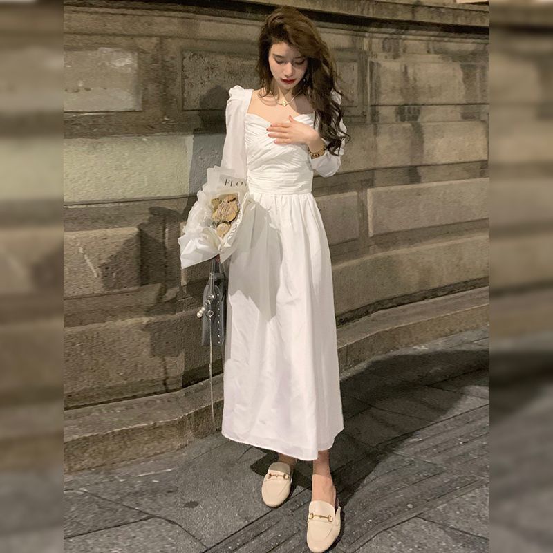 Đầm Trắng Dài Tay Lãng Mạn Thời Trang Mùa Thu Pháp Mới Cho Nữ