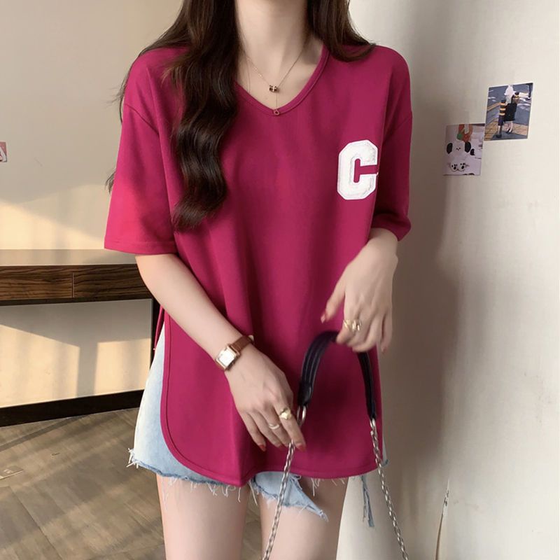 Áo Thun Tay Ngắn Dáng Rộng Cổ Chữ V Xẻ Tà Thời Trang Cho Nữ Có 5 Màu