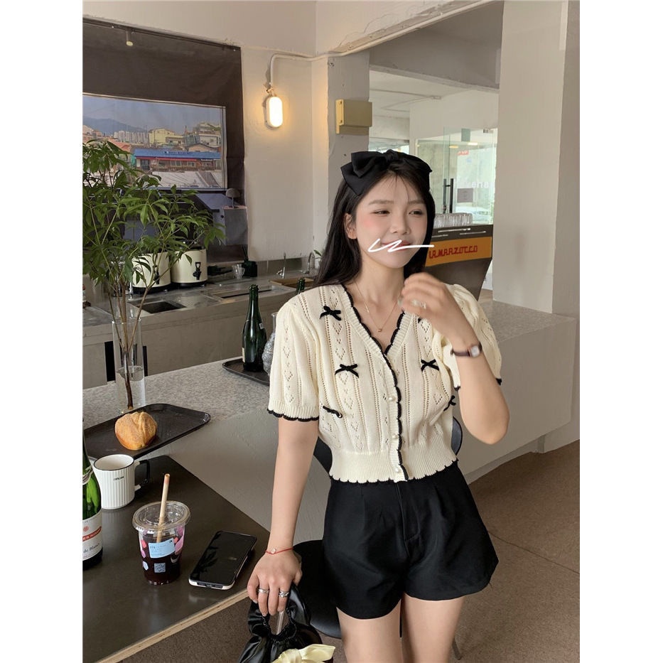 COZOK Áo Thun Dệt Kim Ngắn Tay Khoét Lỗ Đính Nơ Phong Cách retro Thời Trang