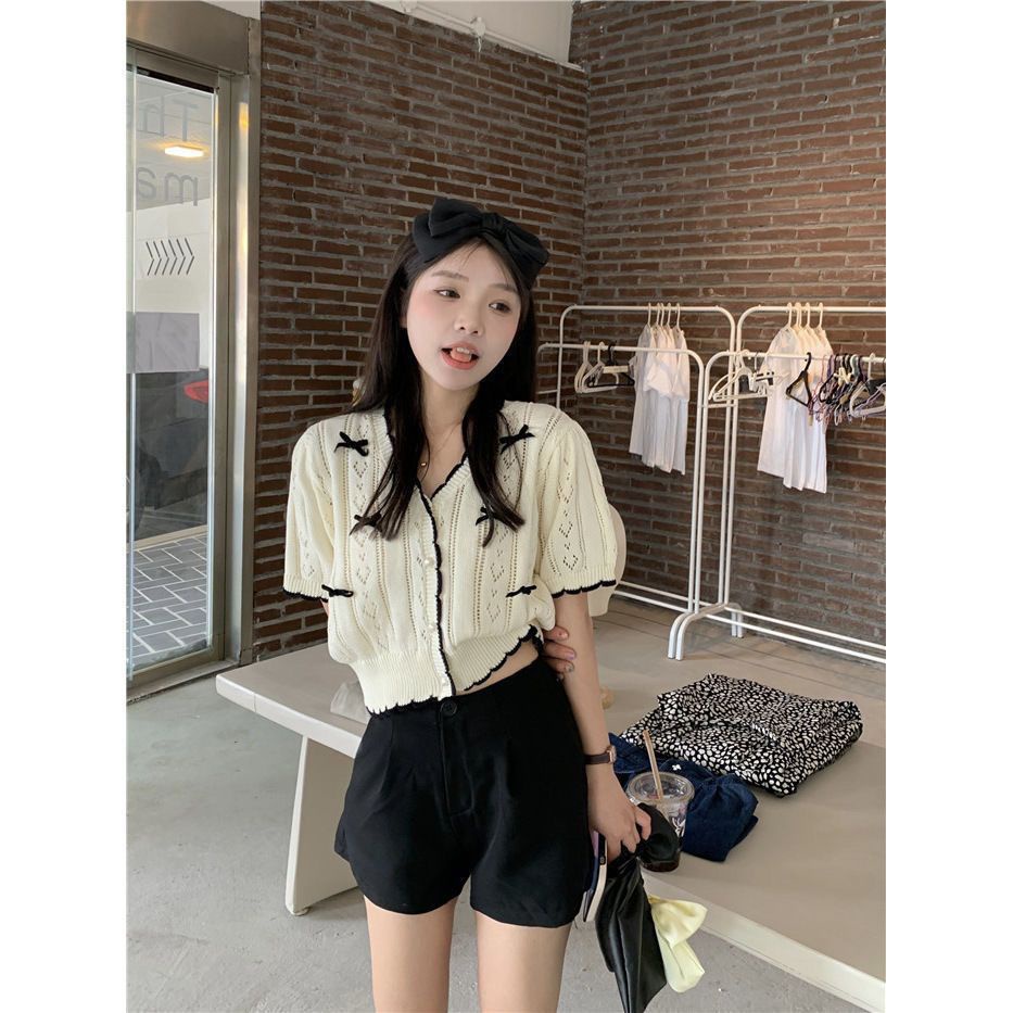 COZOK Áo Thun Dệt Kim Ngắn Tay Khoét Lỗ Đính Nơ Phong Cách retro Thời Trang