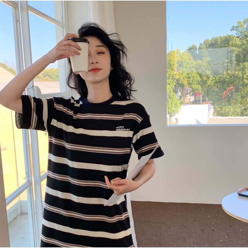 Set Áo Thun Sọc Ngang + Đầm Thun Phong Cách Hàn Quốc Cho Mẹ Và Bé
