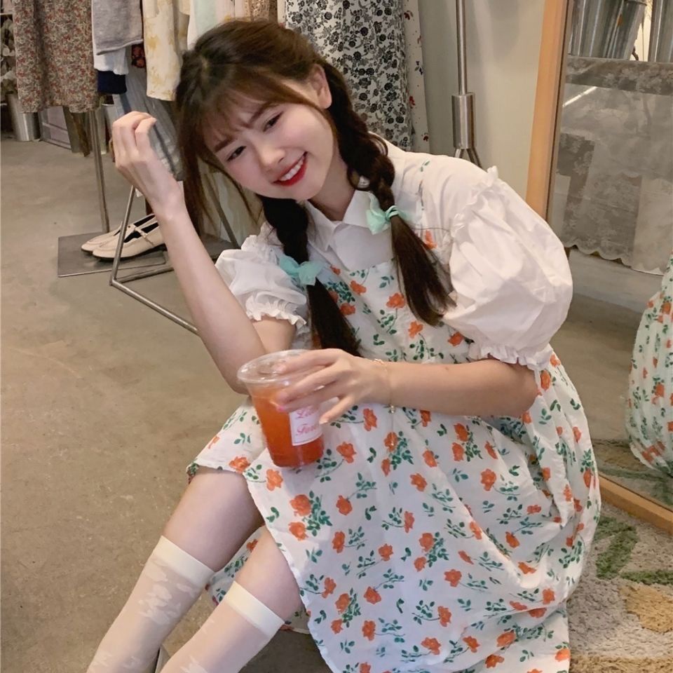 Set Áo Sơ Mi Trắng Ngắn Tay Phồng + Đầm Hai Dây Họa Tiết Hoa Thời Trang Mùa Hè Cho Nữ