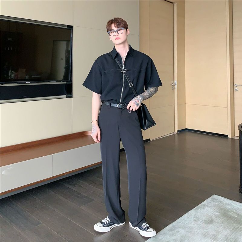 Áo Sơ Mi Tay Ngắn Dáng Rộng Có Khóa Kéo Phong Cách Thời Trang Đường Phố Mỹ Cho Nam Và Nữ