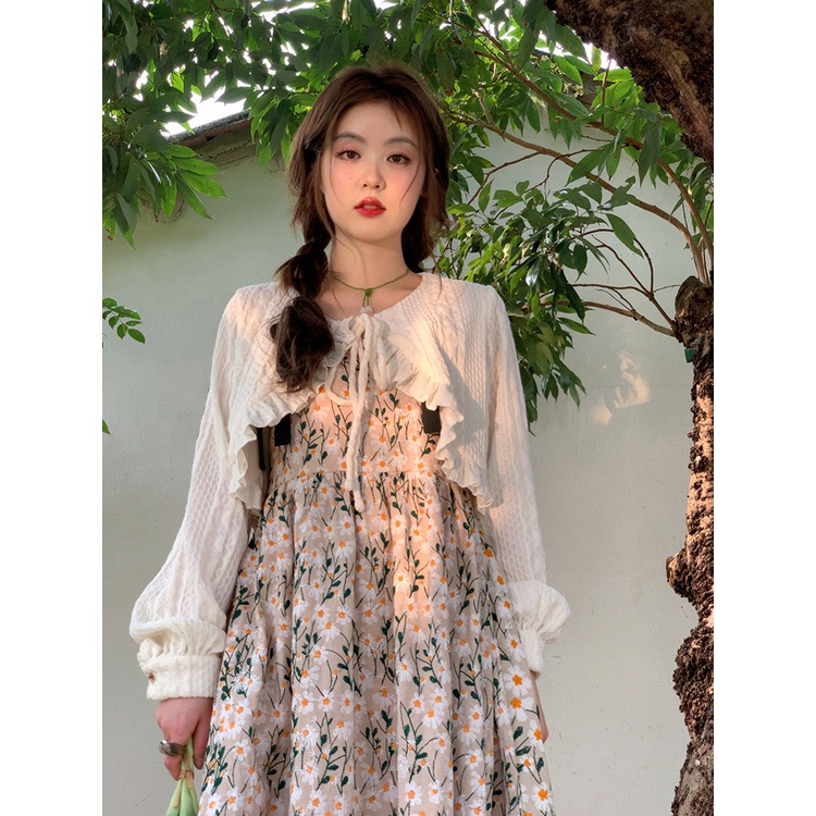 Set Áo Khoác Và Đầm Hai Dây Dáng Chữ A Dài In Họa Tiết Cô Gái Ngọt Ngào Thời Trang Xuân Hè Cho Nữ Plus Size