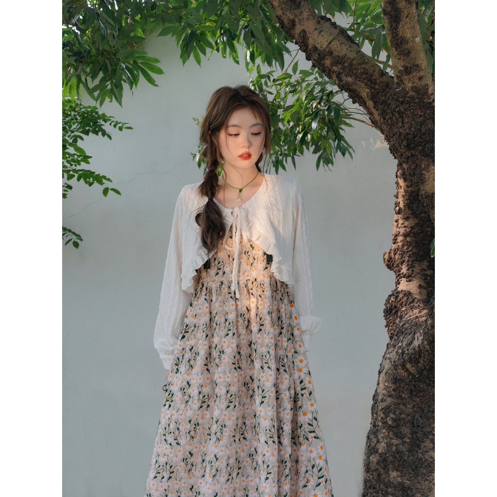 Set Áo Khoác Và Đầm Hai Dây Dáng Chữ A Dài In Họa Tiết Cô Gái Ngọt Ngào Thời Trang Xuân Hè Cho Nữ Plus Size