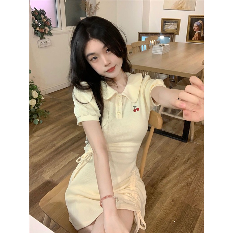 Jiashucheng Đầm Ngắn Tay Phối Dây Rút Thời Trang Mùa Hè Phong Cách Mới Cho Nữ