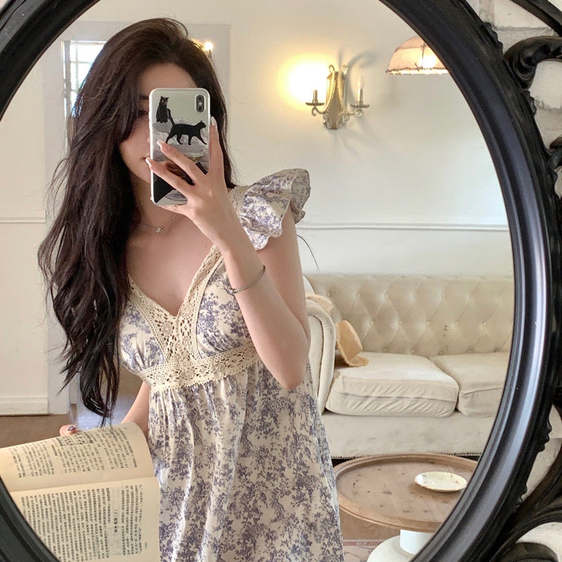 Hàng Có Sẵn Đầm Ngủ Cotton Dệt Kim Hai Dây Cổ Chữ V Phối Ren Gợi Cảm Kiểu Pháp Mùa Hè Cho Nữ