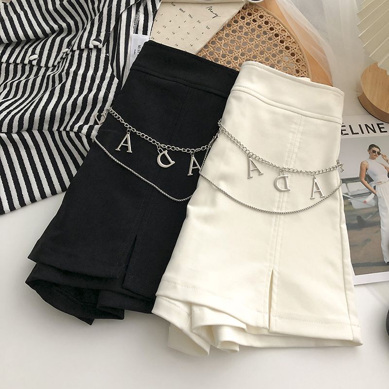Quần Short Lưng Cao Ống Rộng Phối Dây Xích In Chữ Phong Cách Hàn Quốc Thời Trang Cho Nữ