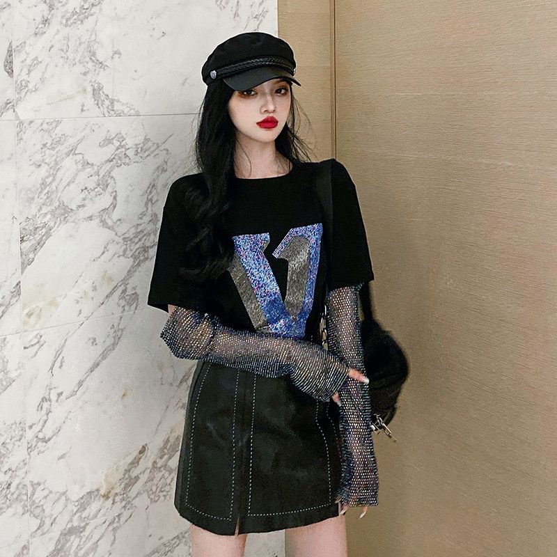 Hàng Châu Âu Siêu Hot ins Cùng Phong Cách Công Nghiệp Nặng Áo Giả Hai Mảnh Cổ Tròn Dáng Rộng Lấp Lánh Phong Cách Mới t @