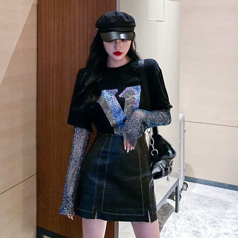 Hàng Châu Âu Siêu Hot ins Cùng Phong Cách Công Nghiệp Nặng Áo Giả Hai Mảnh Cổ Tròn Dáng Rộng Lấp Lánh Phong Cách Mới t @