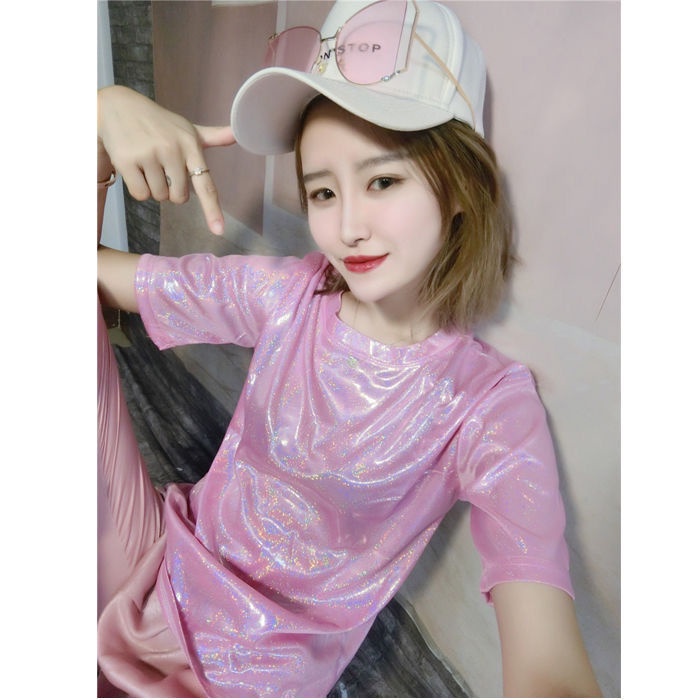 Áo Thun Tay Ngắn Đính Ngọc Trai Lấp Lánh Phong Cách Mới Mùa Hè Cho Nữ