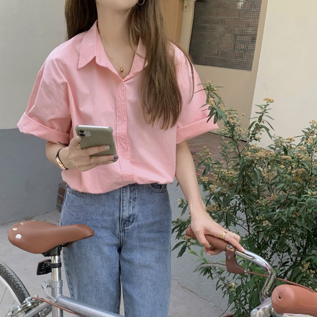 Áo Sơ Mi Tay Ngắn Dáng Rộng Màu Hồng Thời Trang Mùa Hè Hàng Mới Dành Cho Bạn Nữ