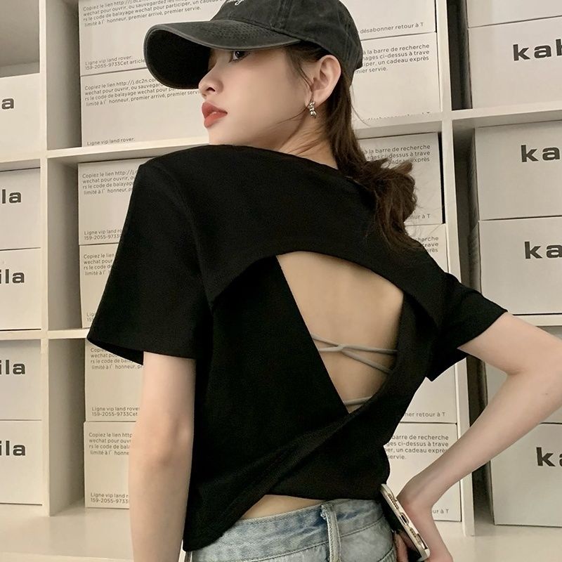 Hàng Mới Về ~ Áo Thun Ngắn Tay Ôm Dáng Vừa Vặn Với Thiết Kế Hở Lưng Phong Cách Mới Cho Nữ