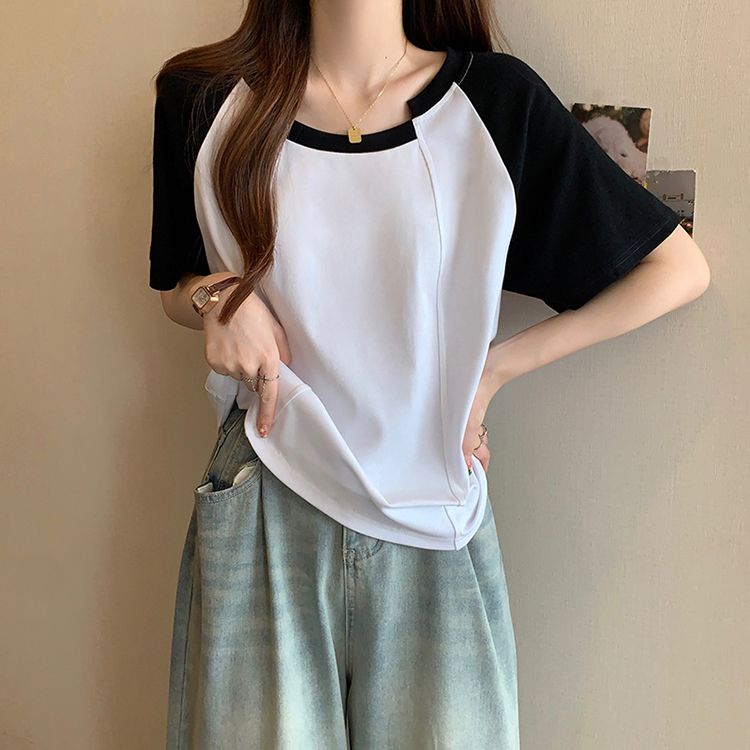Áo Thun Tay Ngắn Dáng Ôm Cỡ Lớn Màu Tương Phản Phong Cách Hàn Quốc Thời Trang Cho Nữ