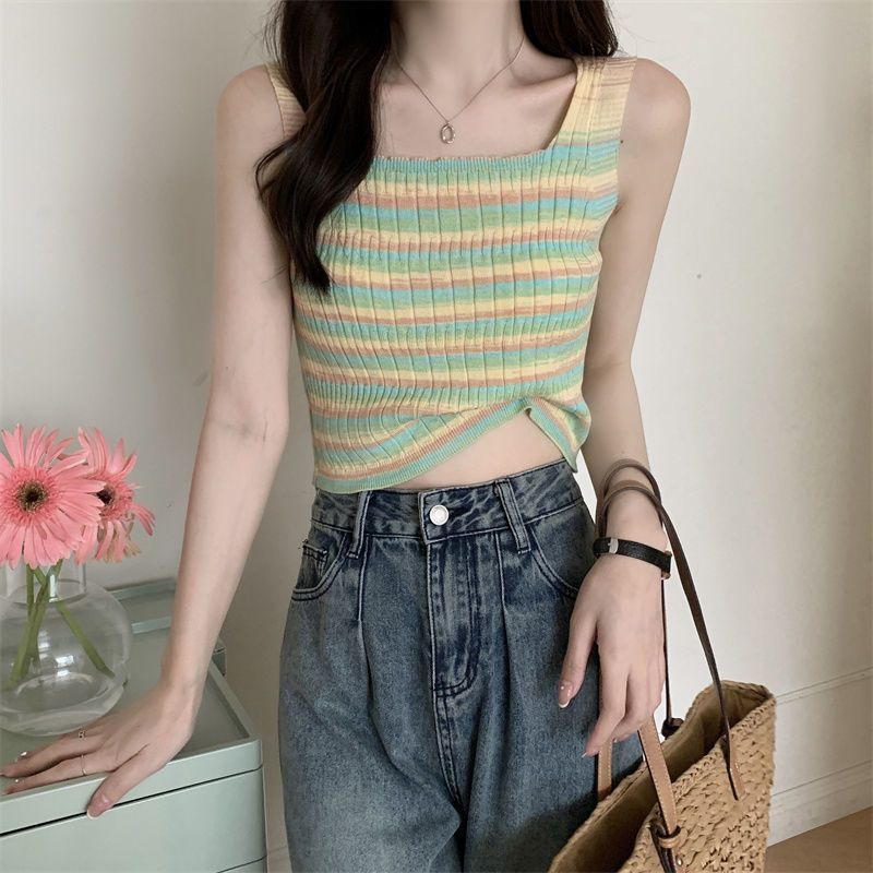 Áo Dệt Kim Hai Dây Cổ Vuông Họa Tiết Kẻ Sọc Nhiều Màu Sắc Thời Trang Mùa Hè Dành Cho Nữ