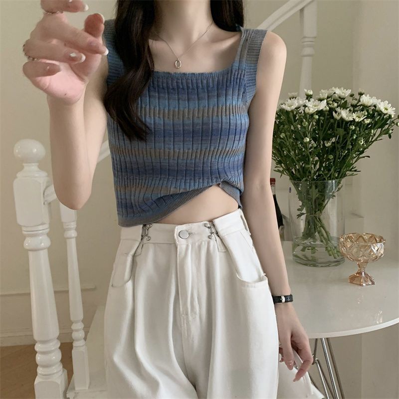 Áo Dệt Kim Hai Dây Cổ Vuông Họa Tiết Kẻ Sọc Nhiều Màu Sắc Thời Trang Mùa Hè Dành Cho Nữ