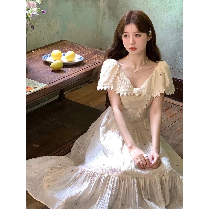 Đầm Dài Vừa In Họa Tiết Ngọt Ngào Phong Cách Retro Pháp 2023 6.13 Cho Nữ