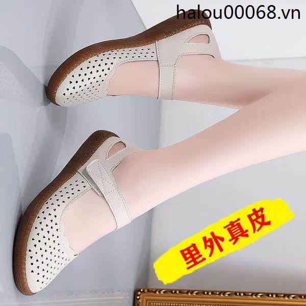 Giày Sandal Da Thật Đế Bằng Chống Trượt Thoáng Khí Dành Cho Nữ