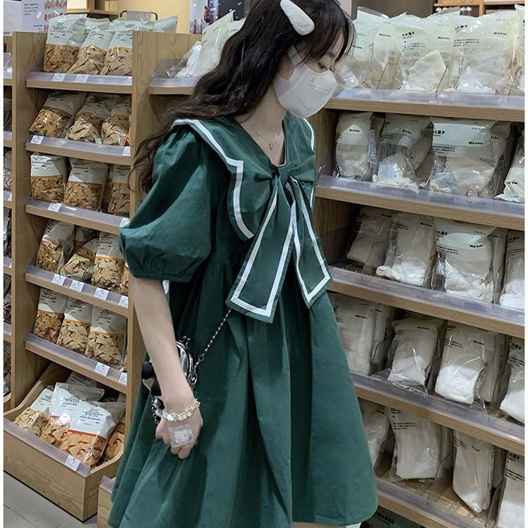 Đầm Chữ a Cổ Thủy Thủ Thắt Nơ Eo Nhỏ Nhắn Dễ Thương Ngọt Ngào Thời Trang Mùa Hè Dành Cho Nữ Sinh