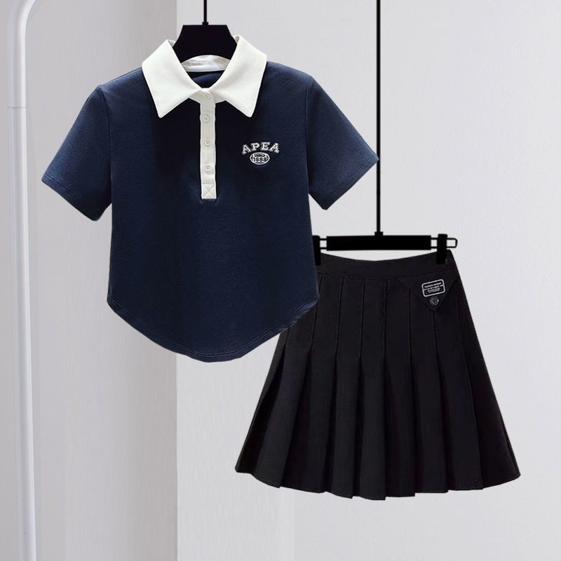 Set Áo Thun POLO + Chân Váy Xếp Ly Phong Cách Preppy Thời Trang Mùa Hè Cho Bé Gái