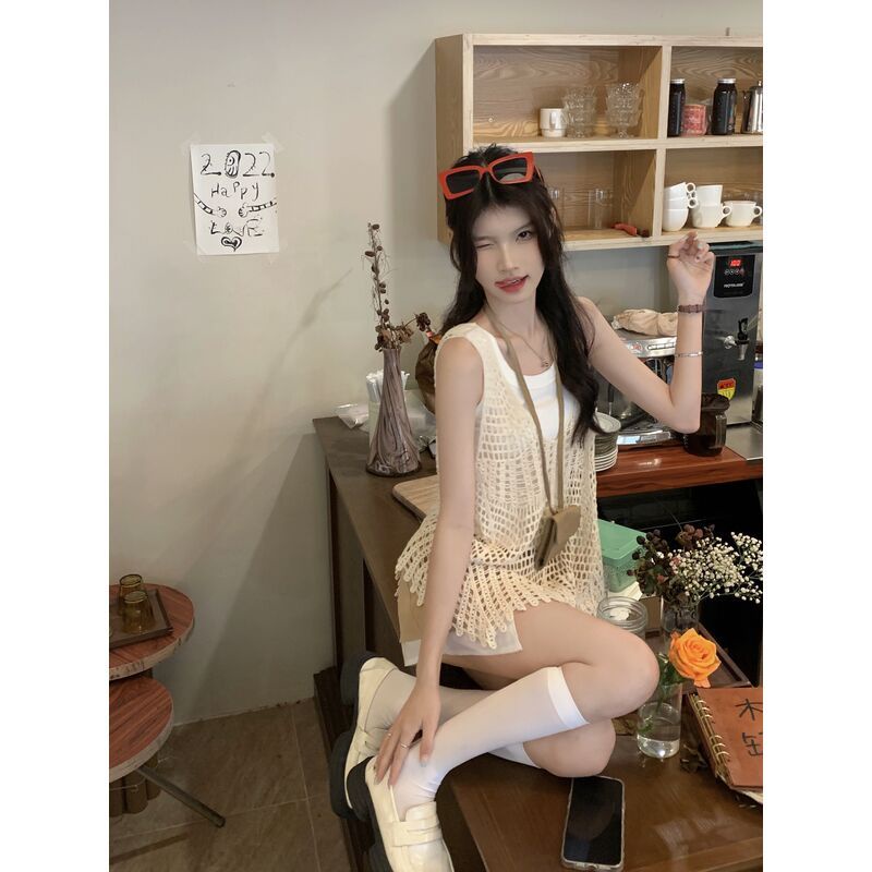 Set Áo Dây Dệt Kim Và Áo Khoác Sát Nách Thời Trang Dành Cho Nữ